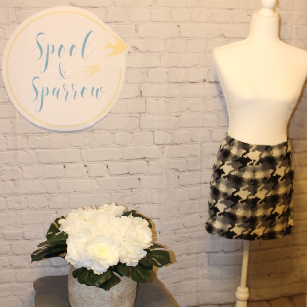 J. Crew Black, Gray & White Herringbone Wool Skirt